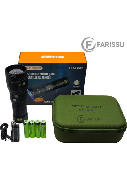 200W Süper Güçlü Lazer LED El Feneri - 6000 Lümen, 3000M Menzil ve Powerbank Özellikli (4 Pilli Set)