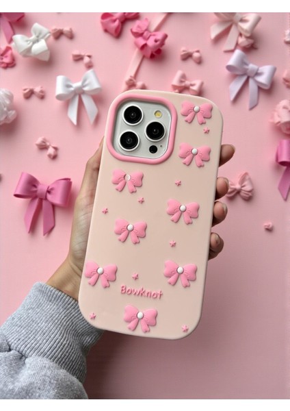 iPhone 14 Pro Max / 15 Pro Max Uyumlu Pembe Fiyonk Desenli Kabartmalı Yumuşak Silikon Kılıf