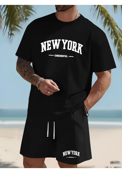 New York Neşeli Baskılı Erkek Yazlık Rahat Eşofman Takımı