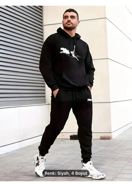 Ck Baskılı Erkek Rahat Kapüşonlu Sweatshirt ve Eşofman Takımı - Trend Baskılı Tasarımlı Örme Takım