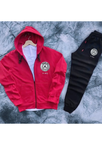 2 Iplik Penye Şardonlu Kapüşonlu Boydan Fermuarlı Eşofman Takımı Thejorparis Baskılı Sweatshirt Tk