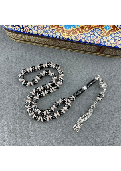 Gri Galalit Işlemeli Oltu Taşı Tespih