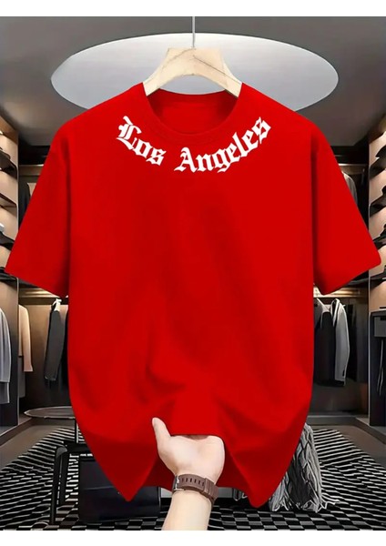 Erkek Rahat Yuvarlak Yaka Tişörtü "los Angeles" Yazılı Baskılı - %100 Polyester Örme Kumaş