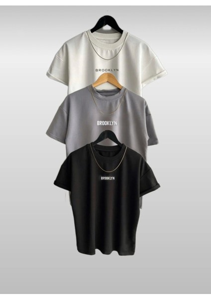 Yeni Sezon Brooklyn Baskılı 3’lü Paket Oversize Tshirt Beyaz-Gri-Siyah