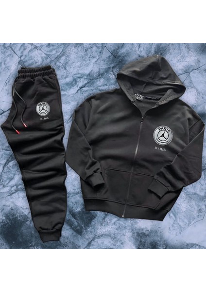 2 Iplik Penye Şardonlu Kapüşonlu Boydan Fermuarlı Eşofman Takımı Thejorparis Baskılı Sweatshirt Tk