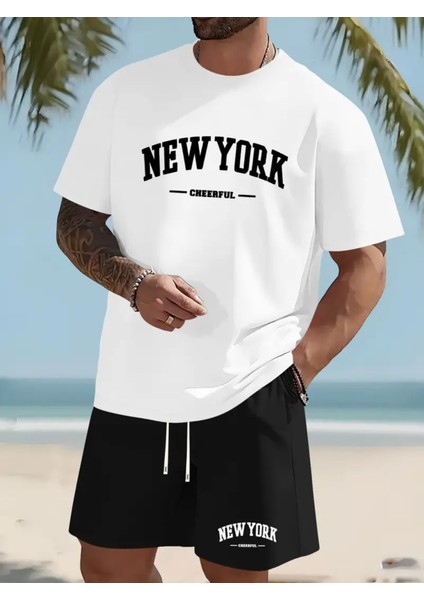 New York Neşeli Baskılı Erkek Yazlık Rahat Eşofman Takımı