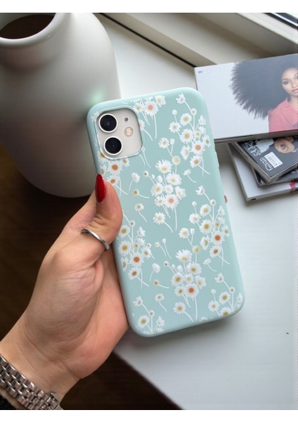 iPhone 11 Uyumlu Papatya Desenli Fıstık Yeşili Lansman Liquid Silikon Kılıf