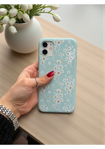 iPhone 11 Uyumlu Papatya Desenli Fıstık Yeşili Lansman Liquid Silikon Kılıf modelleri
