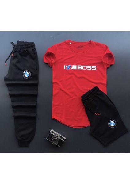 Unisex I'm Boss Bmw Baskılı Tişört-Eşofman Altı-Şort 3'lü Kombin Alt Üst Takımlar