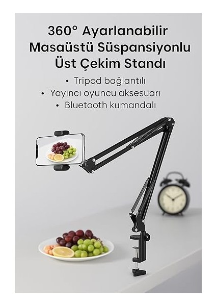 Tripodu 360 Derece Ayarlanabilir Masaüstü Süspansiyonlu Üst Çekim Youtuber Yayıncı Standı Bluetooth Kumandalı indirimleri