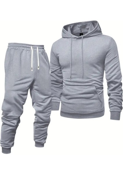 Men's Long Sleeve Hooded Sweatshirt + Threaded Sweatpants Set Grey