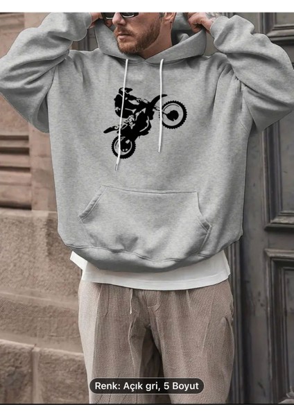 Motorsiklet Baskılı Kapüşonlu Kanguru Siyah Gri Renk Seçenekli Sweat