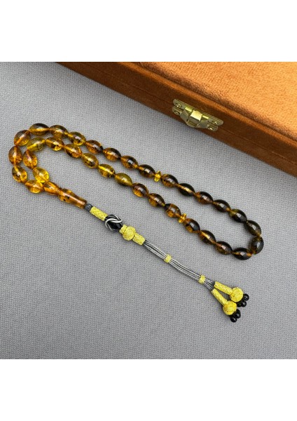 1000 Ayar Kazazlı Süzme Fosilli Dominik Damla Kehribar Tespih