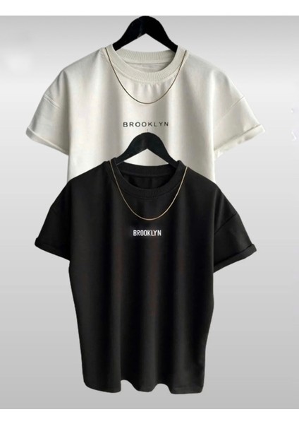 Yeni Sezon Brooklyn Baskılı 2’li Paket Oversize Tshirt Siyah-Beyaz