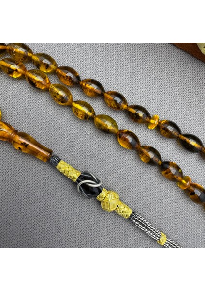 1000 Ayar Kazazlı Süzme Fosilli Dominik Damla Kehribar Tespih