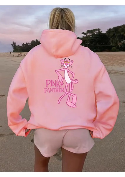 Women's Pink Panther Graphic Hoodie - Black Casual Pullover With Cartoon Print
