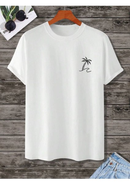 Unisex Yeni Sezon Oversize Palmiye Baskılı Pamuklu Tshirt