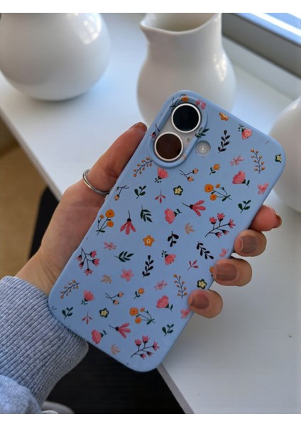 iPhone 16 Uyumlu Mavi Çiçek Desenli Lansman Liquid Silikon Kılıf modelleri