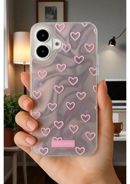 Apple iPhone 16 Uyumlu Hologram Pembe Kalp Desenli Silikon Kılıf Darbeye Dayanıklı, Kapak fiyatları