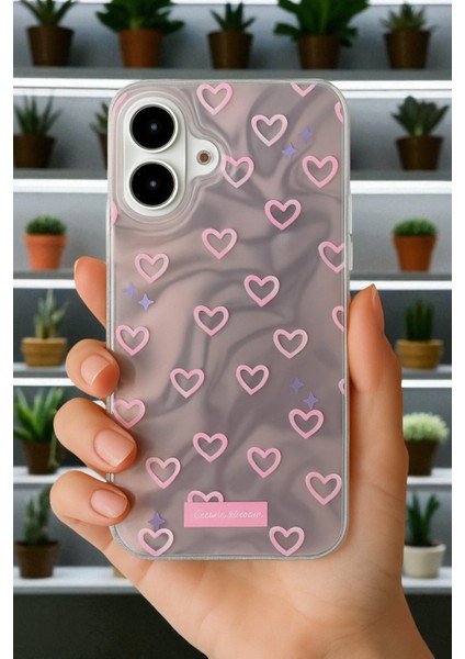 Apple iPhone 16 Uyumlu Hologram Pembe Kalp Desenli Silikon Kılıf Darbeye Dayanıklı, Kapak modelleri