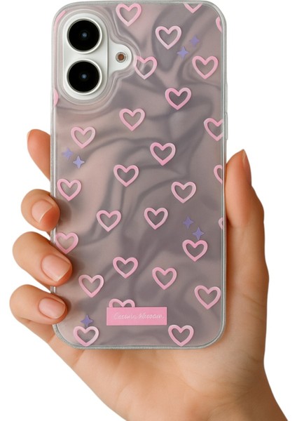 Apple iPhone 16 Uyumlu Hologram Pembe Kalp Desenli Silikon Kılıf Darbeye Dayanıklı, Kapak fırsatları
