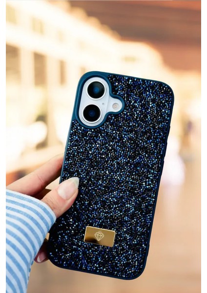 iPhone 16 Uyumlu – Elmas Tasarımlı, Lacivert Taşlı, Işıltılı Pırlanta Silikon Kılıf modelleri