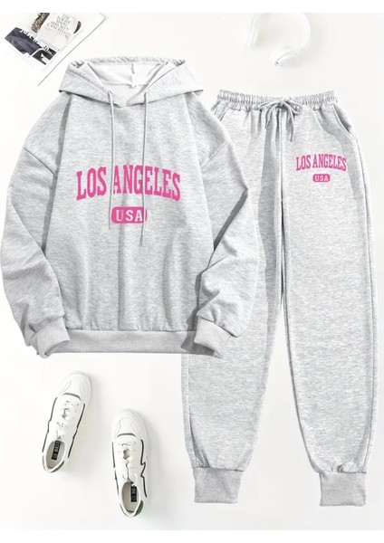 Iki Parça Set, Los Angeles Abd Harf Baskısı, Uzun Kollu Kapüşonlu Sweat ve Pantolon