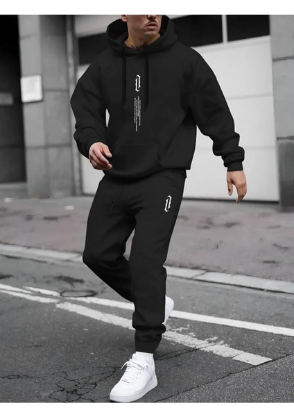 Yeni Sezon Unisex Paris Baskılı Siyah Pamuklu Hoodie- Pamuklu Siyah Eşofman Altı Takım 2'li