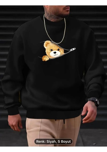 2 Iplik Şardonlu Ayıcık Baskı Desenli Sweatshirt