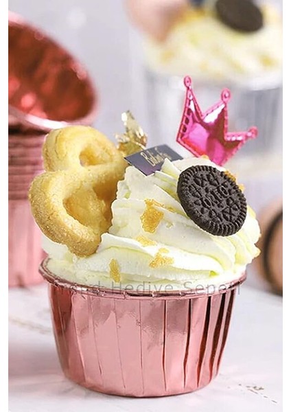 Hediye Sepeti 25'li Rose Gold Parlak Pembe Muffin Kek Kalıbı, Kek Kapsülü Cupcake Kalıbı, Airfryer Uyumlu