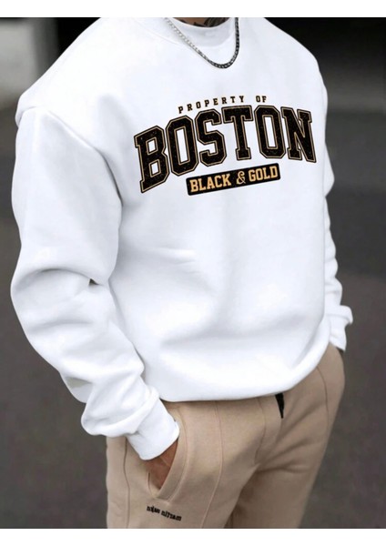 Bisiklet Yaka Boston Baskılı Sweatshirt Mevsimlik Sonbahar Kış Için Uygundur