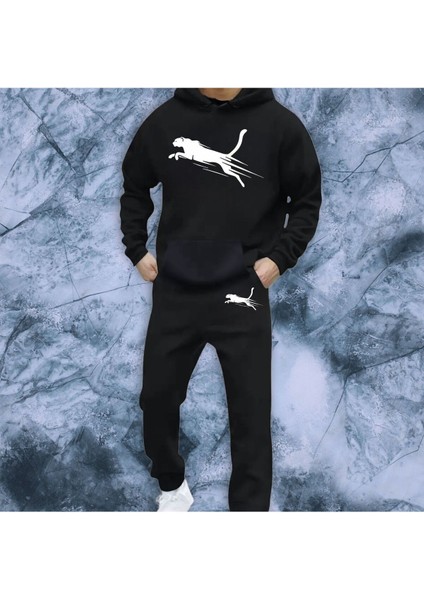 Kanguru Cepli Leopar Özel Grafik Desenli Eşofman Takımı Eşofman Sweatshirt 6 Renk