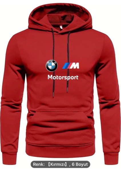 Bmwmmotorsport Büyük Desen Baskılı 2 Iplik Polarlı Mevsimlik Kanguru Sweatshirt