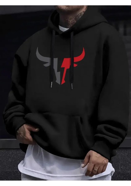 Erkekler Için Günlük Gri Kapüşonlu Sweatshirt - Son Moda Boğa Başlı Baskılı