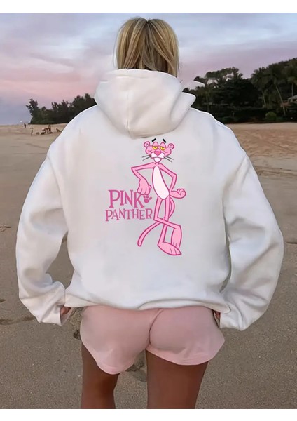 Women's Pink Panther Graphic Hoodie - Black Casual Pullover With Cartoon Print