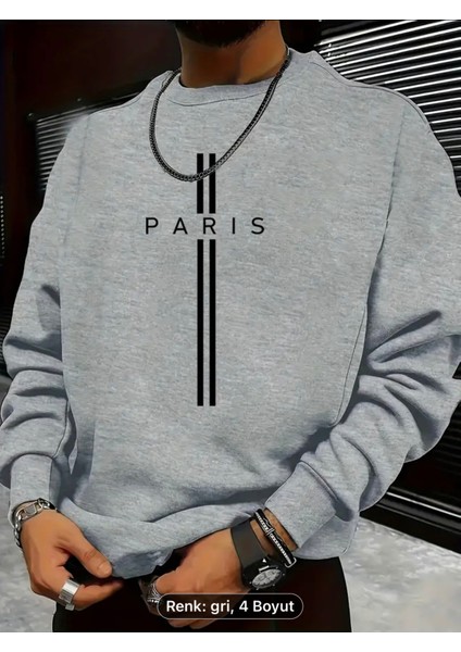Paris Esintili Erkek Mürettebat Boyun Sweatshirt - Günlük & Trend, Bol Kesim, Uzun Kollu Kazak Spor