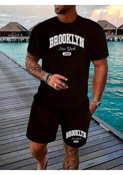 Brooklyn Harfleri Baskılı Erkek 2 Parça Moda Takım