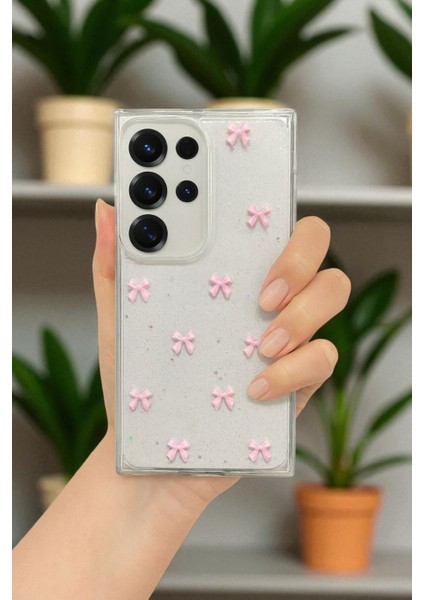 Samsung S25 Ultra Uyumlu – Pembe Fiyonk Desenli, Parlak Simli, Şeffaf Yumuşak Silikon Kılıf