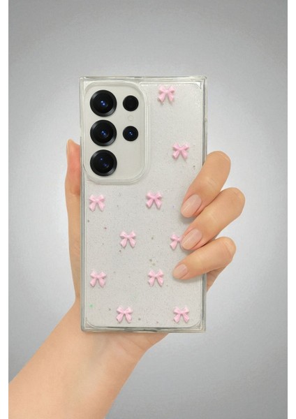 Samsung S25 Ultra Uyumlu – Pembe Fiyonk Desenli, Parlak Simli, Şeffaf Yumuşak Silikon Kılıf fiyatları