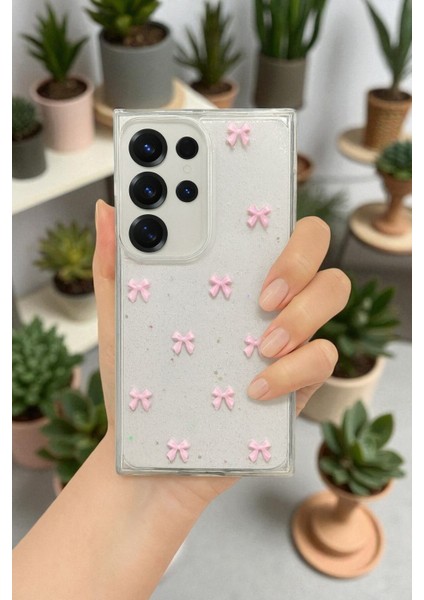 Samsung S25 Ultra Uyumlu – Pembe Fiyonk Desenli, Parlak Simli, Şeffaf Yumuşak Silikon Kılıf modelleri