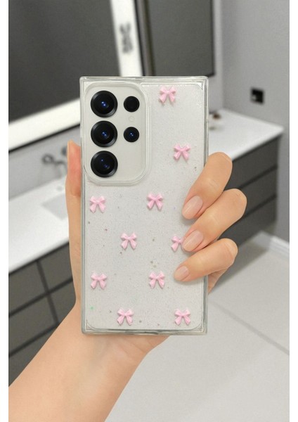 Samsung S25 Ultra Uyumlu – Pembe Fiyonk Desenli, Parlak Simli, Şeffaf Yumuşak Silikon Kılıf fırsatları