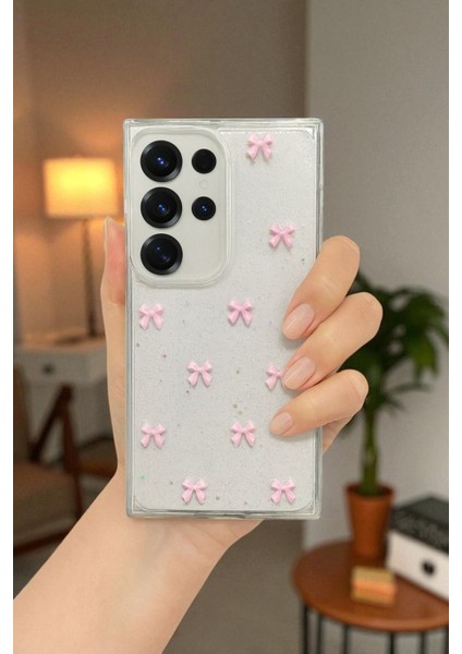 Samsung S25 Ultra Uyumlu – Pembe Fiyonk Desenli, Parlak Simli, Şeffaf Yumuşak Silikon Kılıf indirimleri