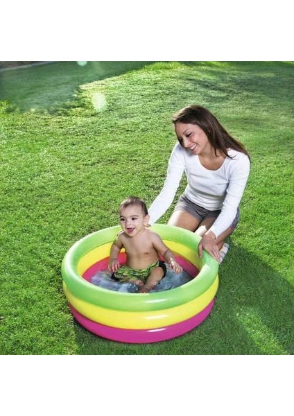 Pompa Hediyeli - 3 Boğum Renkli, Şişme Zemin Çocuk Havuzu, (70X70X24 Cm) 51128