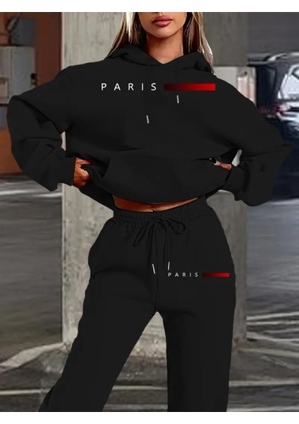 Şık Kadınlar Için Paris Esintili Kapüşonlu Sweatshirt & Jogger Takımı