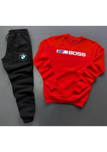 ✅yeni Sezon I'm Imboss Baskılı Beyaz Pamuklu Sıfır Yaka Sweat-Pamuklu Kışlık Eşofman Altı 2'li Takım