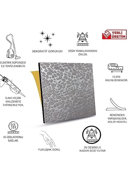 Kendinden Yapışkanlı Ses ve Isı Yalıtım Paneli, Akustik Duvar Paneli, Ses Yalıtım Süngeri, Keçe Kaplı Sünger 40X40 cm 6 Adet/1 M² Gri fiyatları