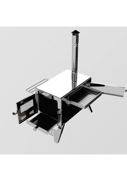 -Krom Kuzineli Çadır Sobası – Kül Hazneli | 430 Krom, 1.50 mm Sac, Kamp ve Outdoor Soba Seti | Kamp Sobası fiyatları