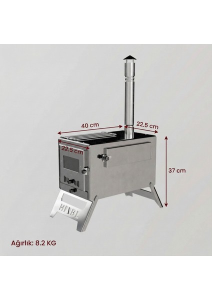 -Krom Kuzineli Çadır Sobası – Kül Hazneli | 430 Krom, 1.50 mm Sac, Kamp ve Outdoor Soba Seti | Kamp Sobası modelleri