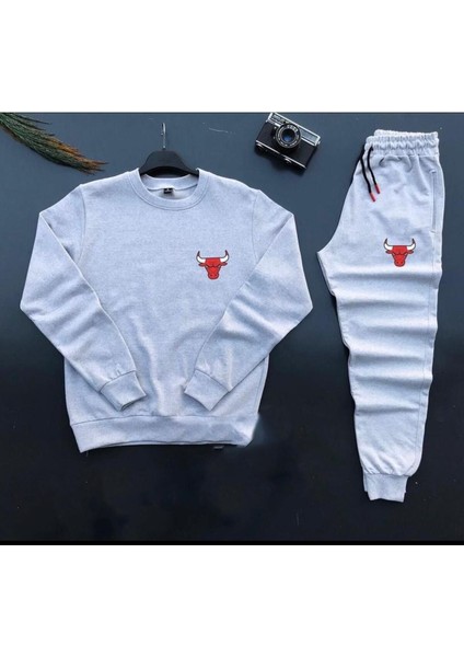 Yeni Sezon Unisex Bulls Baskılı Gri Pamuklu Sıfır Yaka- Pamuklu Gri Eşofman Altı Takım 2'li