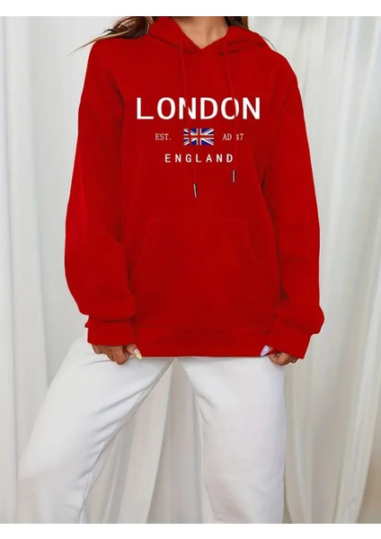 London Print Drawstring Hoodie, Casual Long Sleeve Hooded Sweatshirt